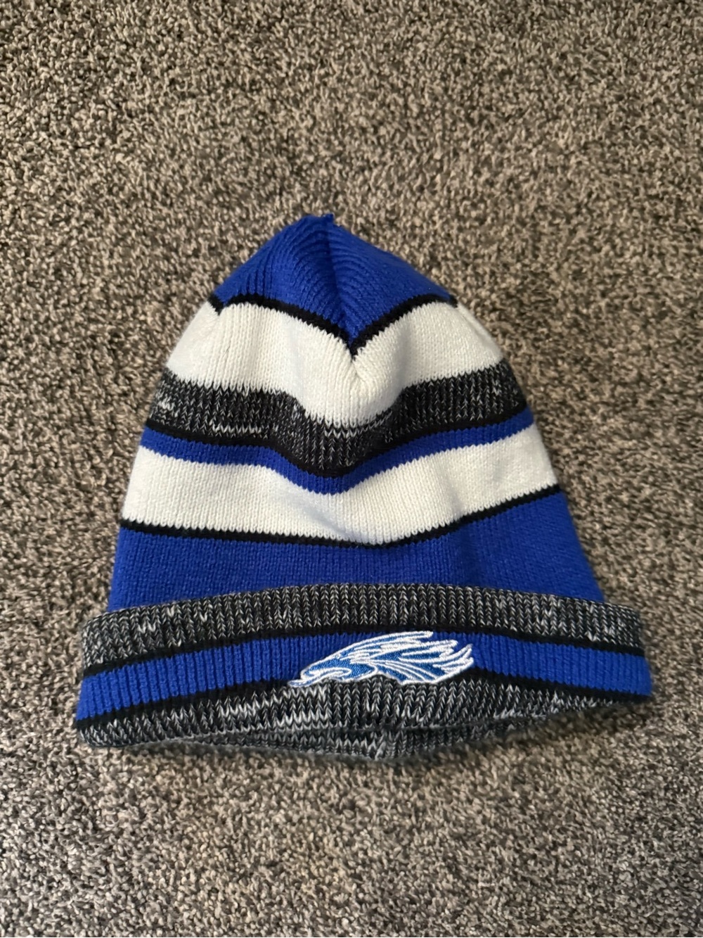 Blue White Gray Striped Knit Beanie with Embroidered Logo